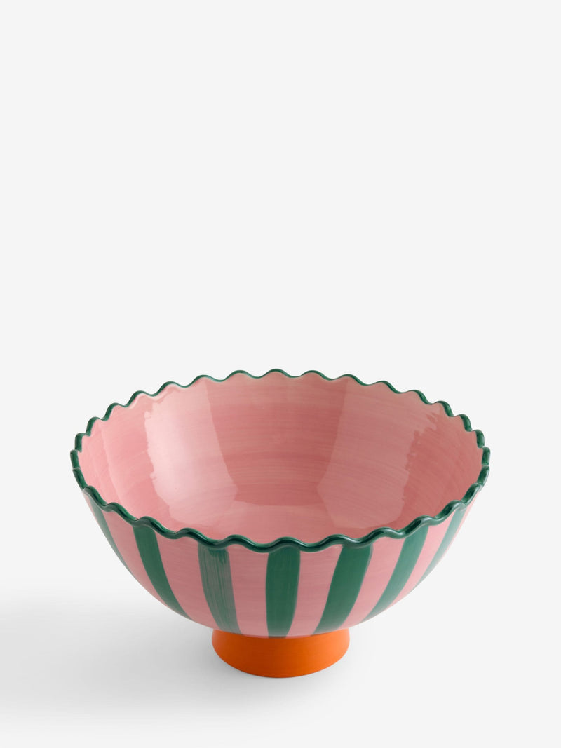 Lucy Tiffney footed bowl pink and green striped 31cm - British product