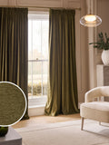 Olive green chenille pencil pleat curtains - British product
