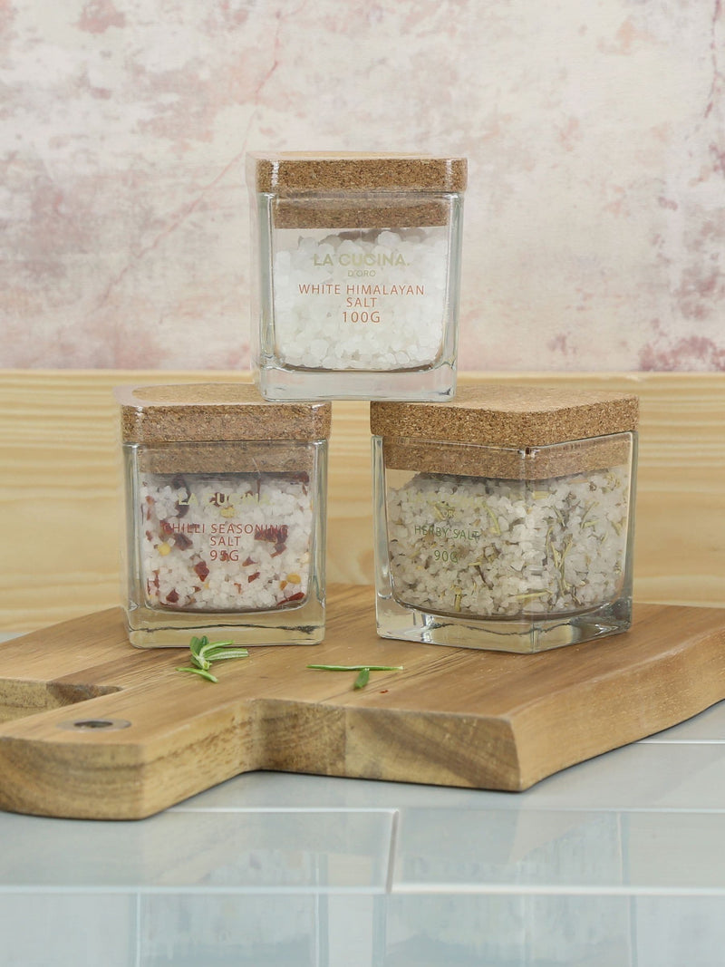 Kimm & Miller flavoured salt trio with Himalayan, chilli, herby salts, UK version