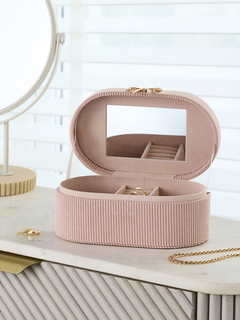 Pink ribbed jewellery box with bow and mirror (British brand)