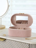 Pink ribbed jewellery box with bow and mirror (British brand)