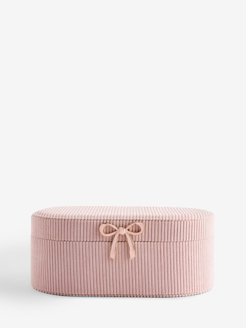 Pink ribbed jewellery box with bow and mirror (British brand)