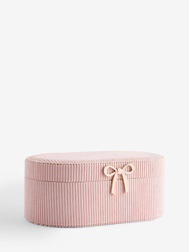 Pink ribbed jewellery box with bow and mirror (British brand)