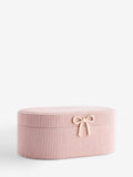 Pink ribbed jewellery box with bow and mirror (British brand)