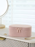 Pink ribbed jewellery box with bow and mirror (British brand)