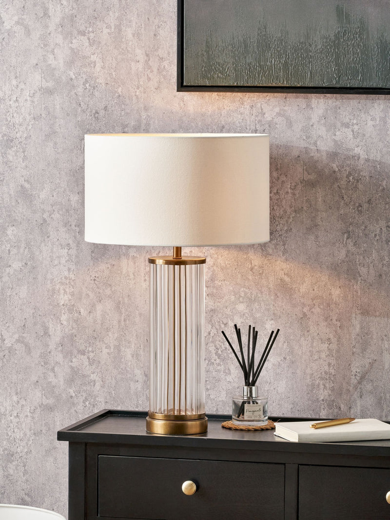 Pacific Lifestyle Ciara clear glass table lamp with cotton shade, UK version