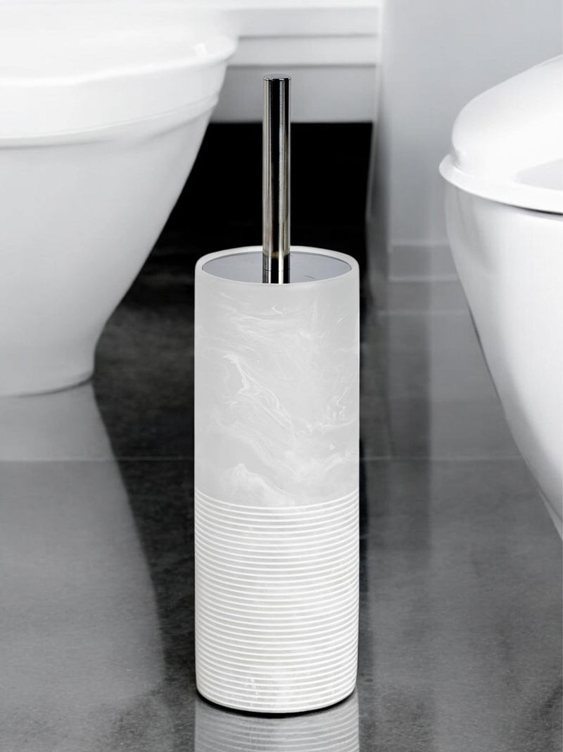 Showerdrape Frost Onyx White Bianco striped toilet brush and holder set (British brand)