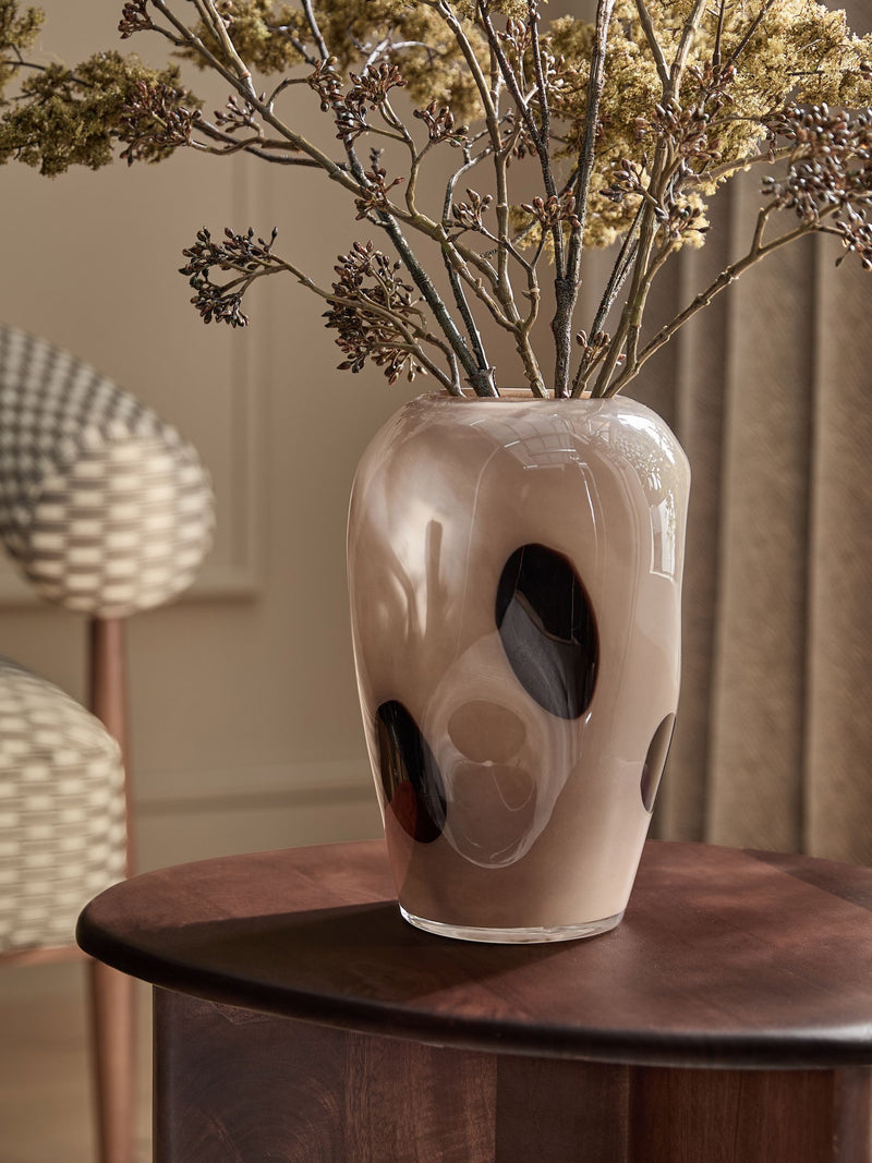 Brown spot swirl glass vase 27.5cm tall, British product