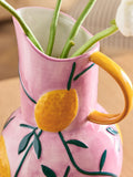 Ceramic jug vase with purple glaze and lemon details, imported from the UK