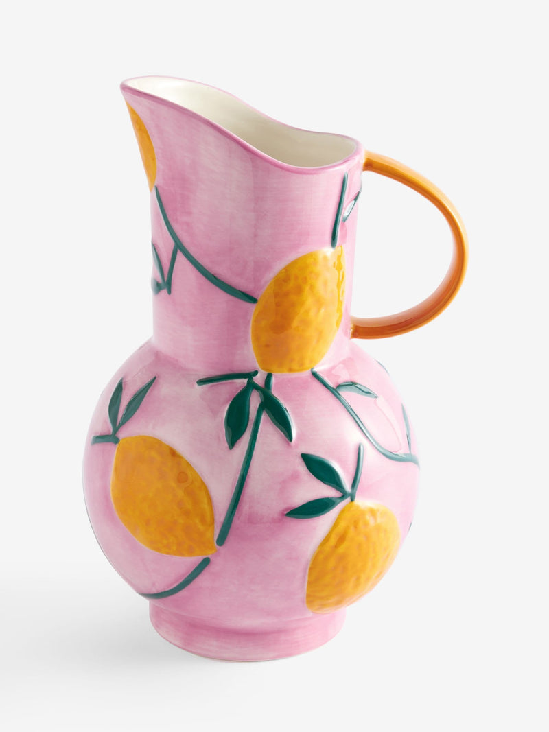 Ceramic jug vase with purple glaze and lemon details, imported from the UK