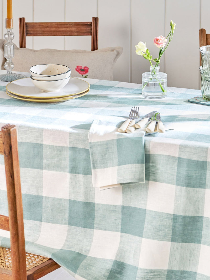 Sophie Allport teal blue gingham linen tablecloth 168cm x 280cm (British brand)