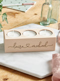 No Ordinary Gift couples wooden triple candle holder 15cm wide - British product