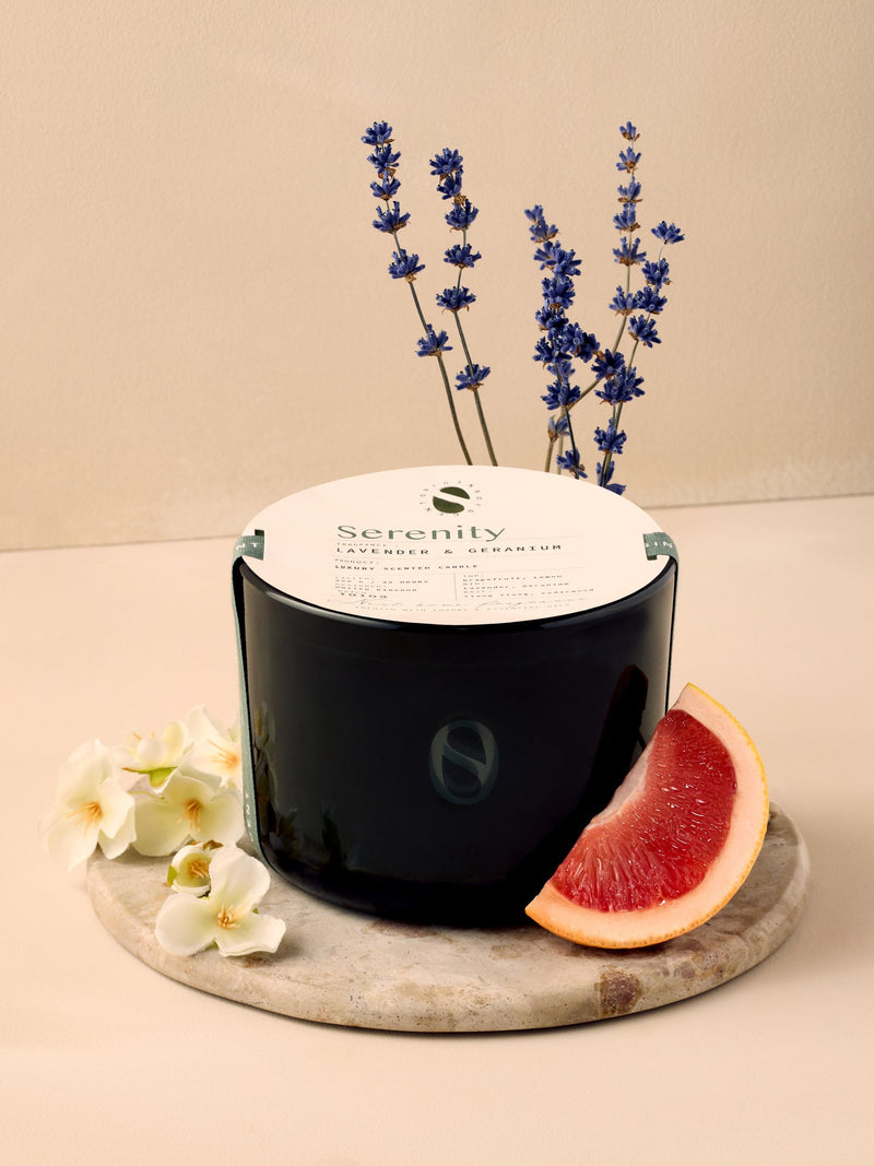 Serenity Green 3 wick lavender geranium candle, imported from the UK