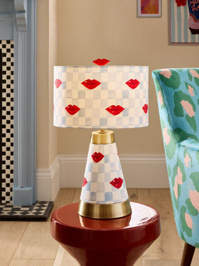 Next Eleanor Bowmer Blue/Cream Check Lips Table Lamp 45cm- Buy online at McGrocer