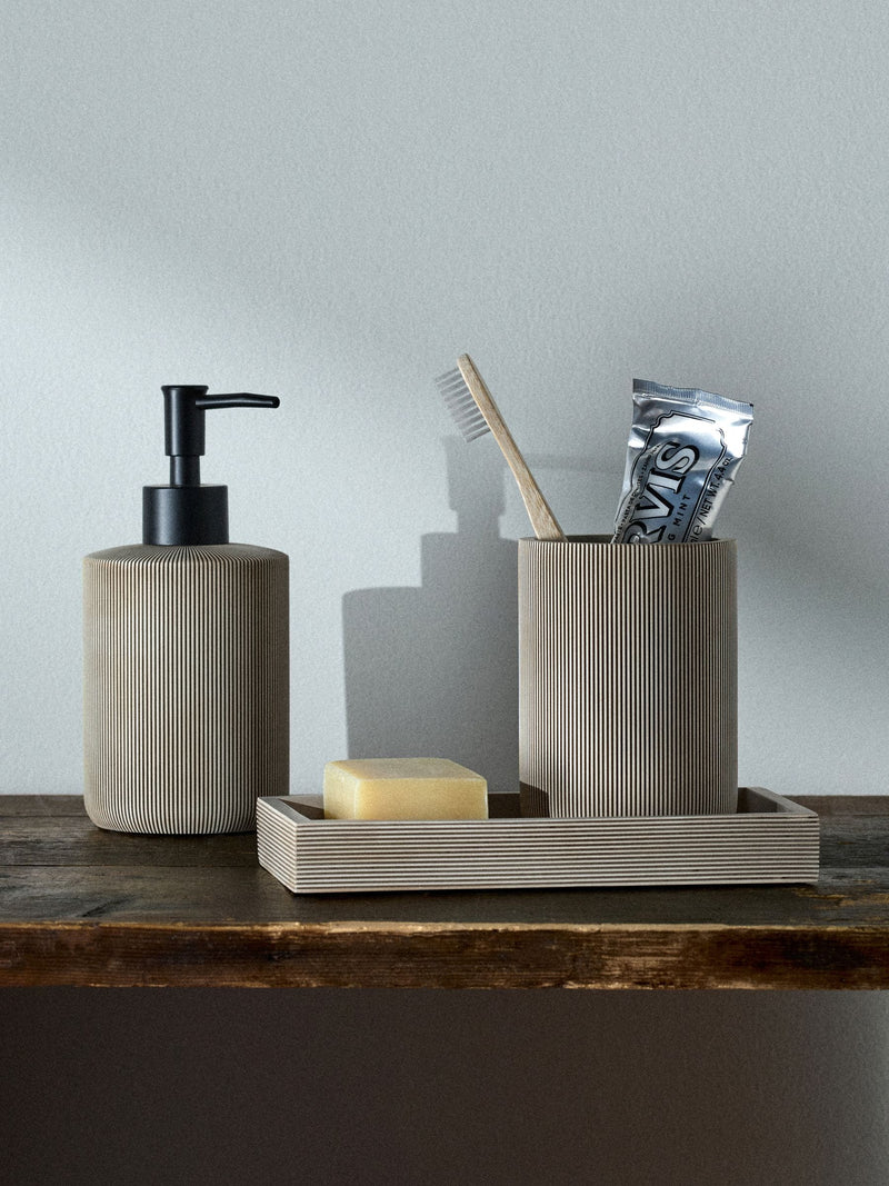 Beige 3-piece bathroom set includes toothbrush tidy and tray, UK version