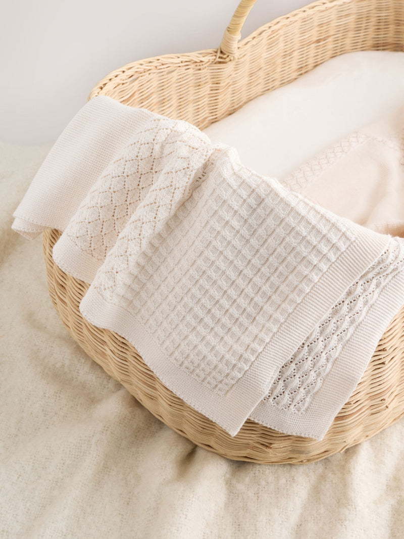 Cream knitted patchwork baby blanket - British product