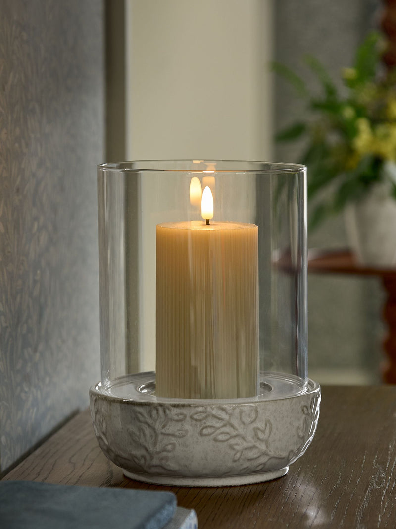 Ceramic embossed hurricane candle holder with glass insert, UK version