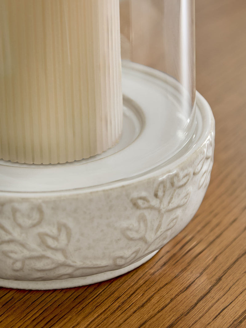 Ceramic embossed hurricane candle holder with glass insert, UK version