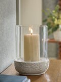 Ceramic embossed hurricane candle holder with glass insert, UK version