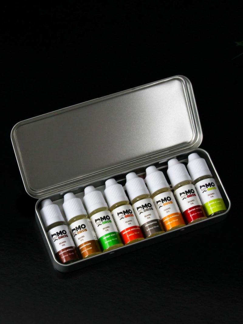 Mo Bros beard oil collection with 8 scents, imported from the UK