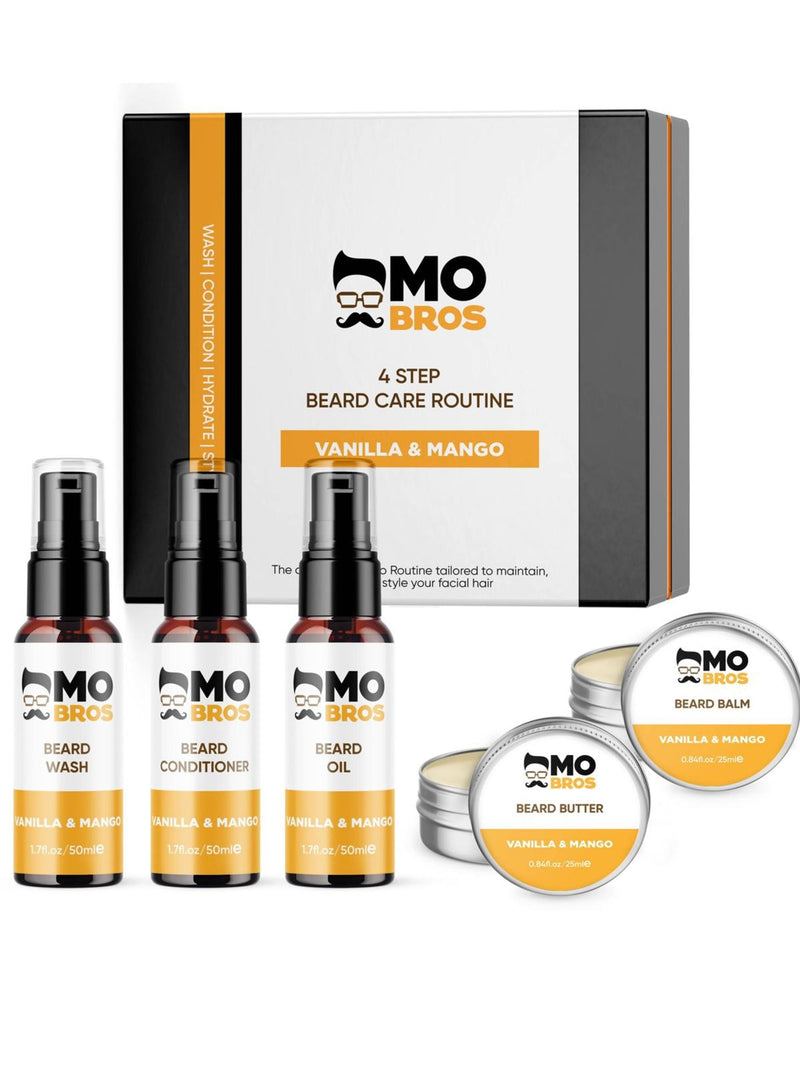 Mo Bros vanilla and mango beard care kit, imported from the UK