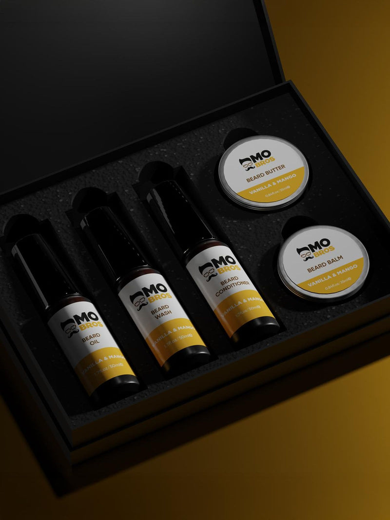 Mo Bros vanilla and mango beard care kit, imported from the UK