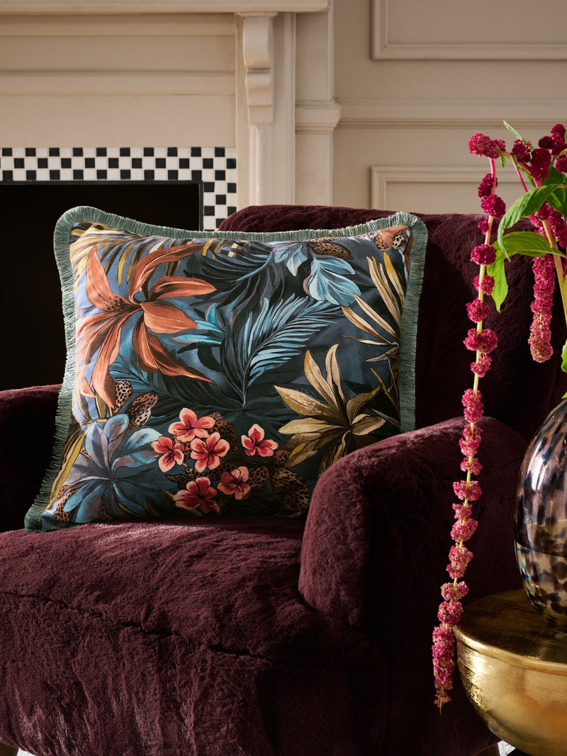Teal blue velvet cushion tropical leaf print 50x50cm, imported from the UK