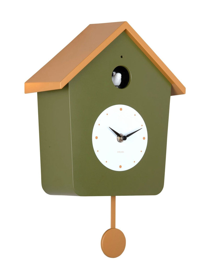 Karlsson army green ochre yellow cuckoo wall clock, UK version