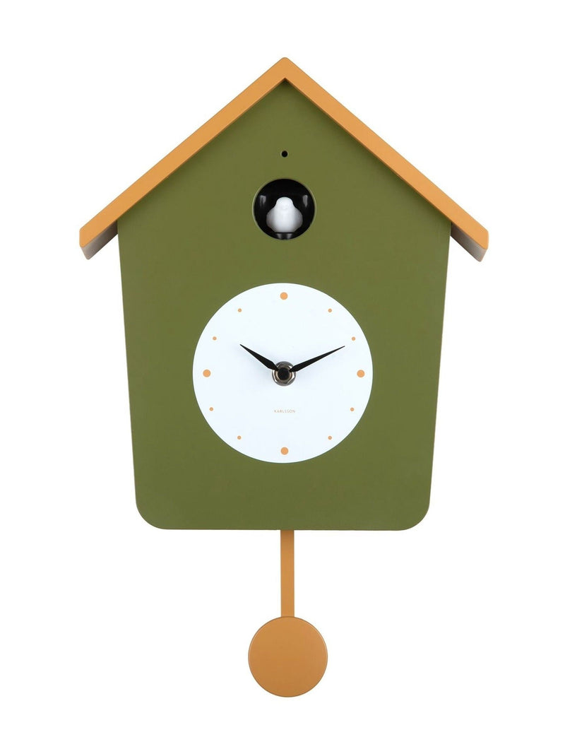Karlsson army green ochre yellow cuckoo wall clock, UK version