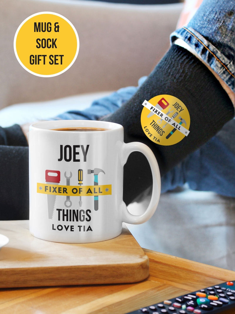 Personalised Fixer of All Things mug and socks, imported from the UK