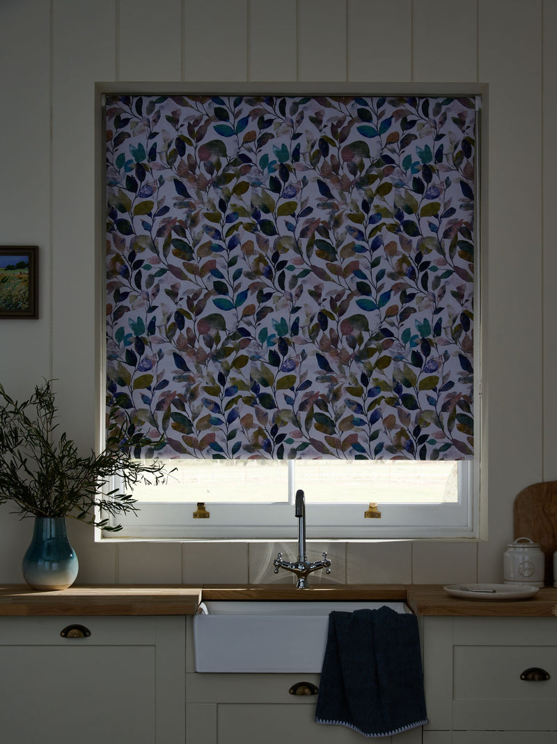 Multicoloured leaf print blackout roller blind, imported from the UK