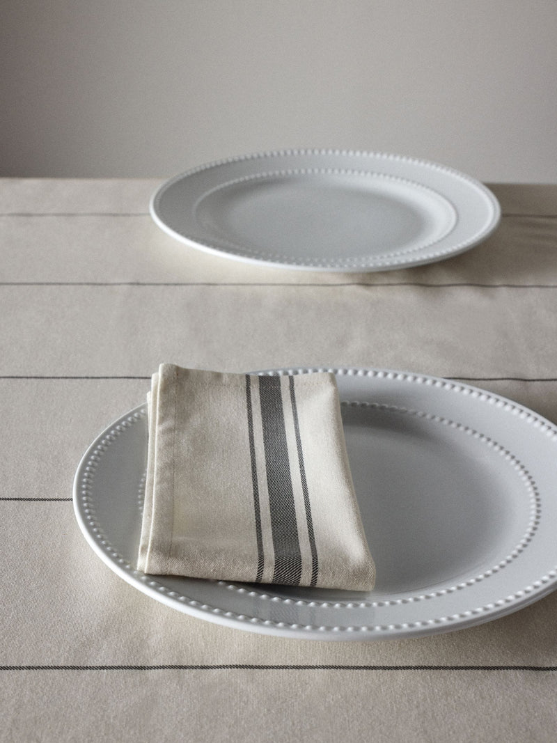 THE SET cream grey stripe tablecloth and napkins, imported from the UK