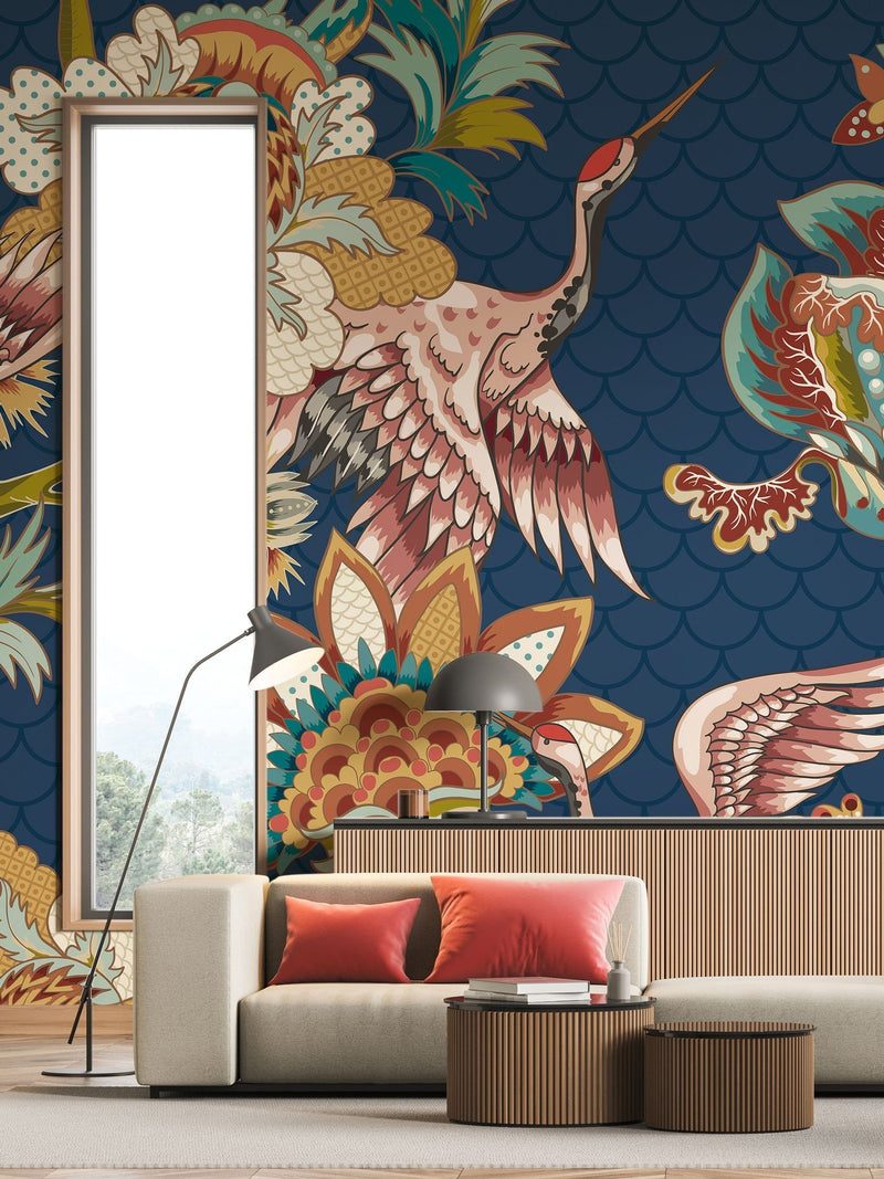 Origin Murals wall mural Navy Blue Cranes in Flight 2.8m x 3.5m, imported from the UK