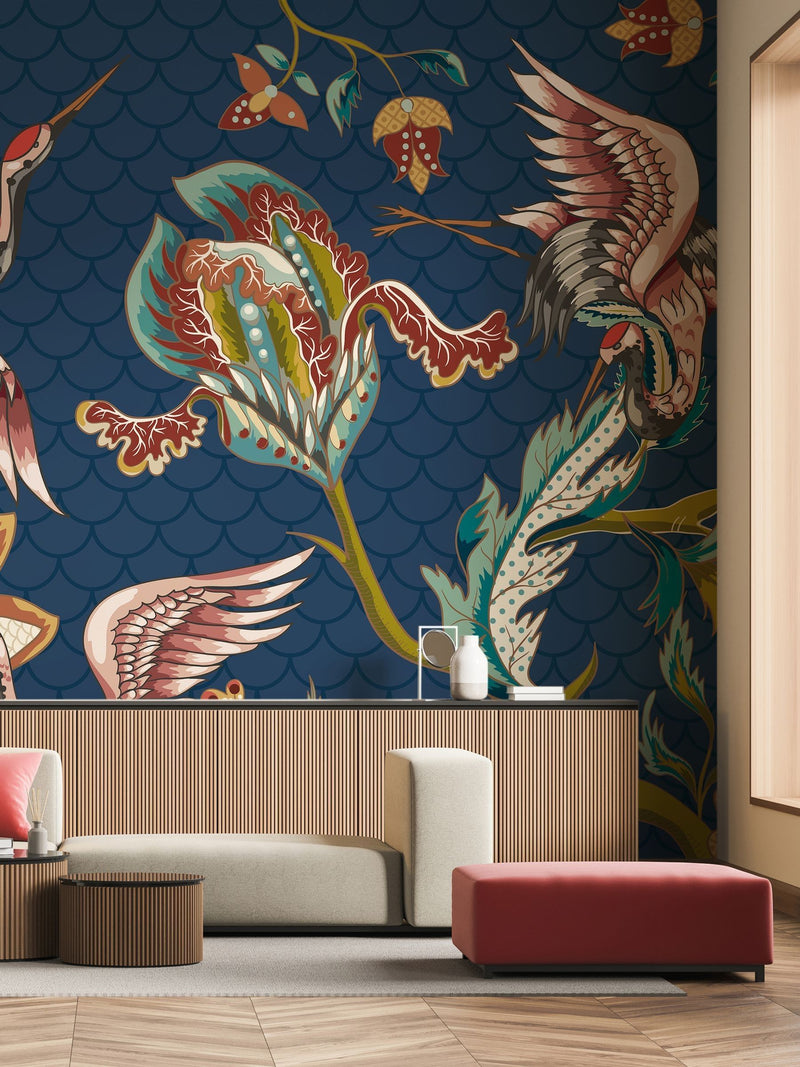 Origin Murals wall mural Navy Blue Cranes in Flight 2.8m x 3.5m, imported from the UK