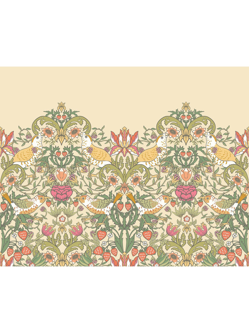 Origin Murals wallpaper sample with gold and olive birds and foliage, UK version