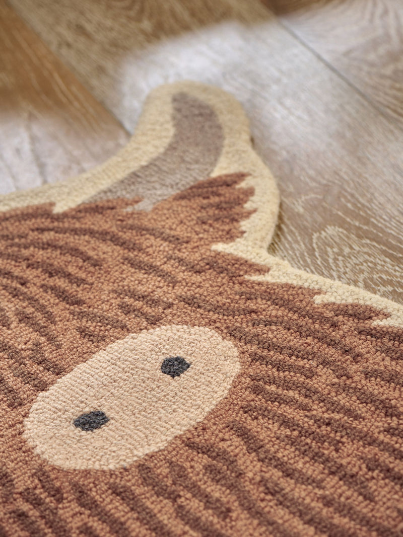 Natural wool shaped rug Hamish Highland Cow 80cm x 76cm, imported from the UK