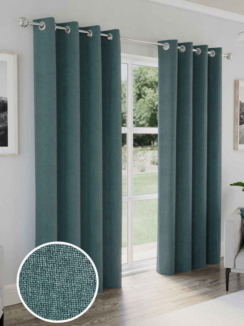 Enhanced Living Teal Blue Austin Blackout Thermal Linen Look Pair of Eyelet Curtains