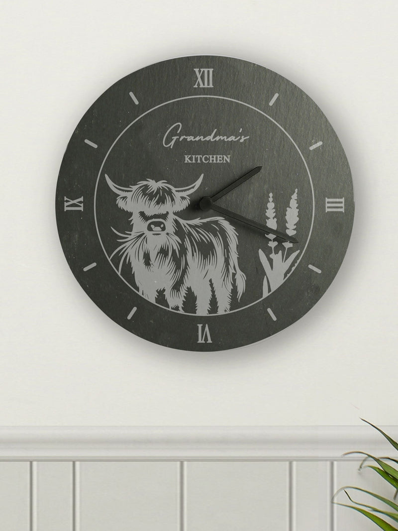 PMC Personalised Highland Cow Slate Clock, imported from the UK