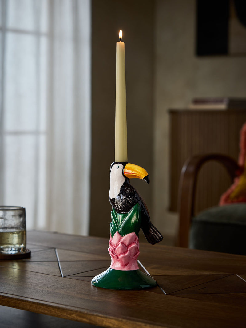 Green toucan ceramic taper candle holder, imported from the UK