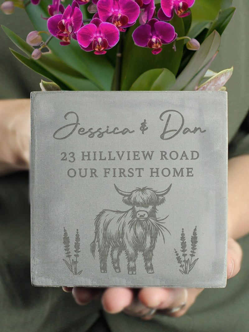 PMC Personalised Highland Cow Concrete Plant Pot, imported from the UK