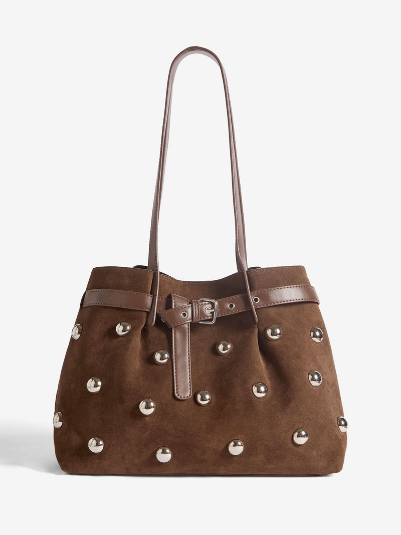 Friends Like These chocolate brown faux suede studded tote bag (British brand)