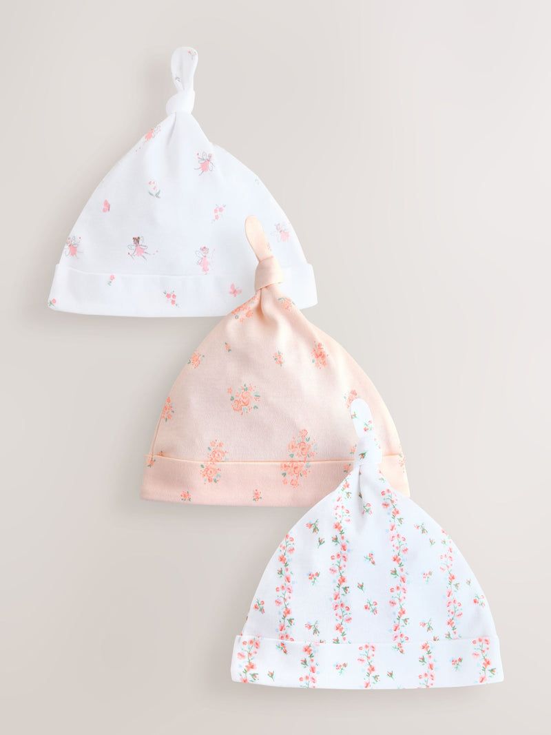 Baby beanies 3 pack pink/white tie top 0-12mths - British product