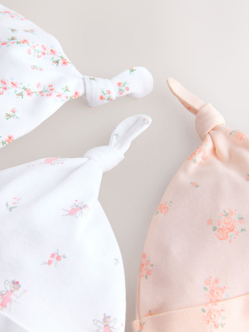 Baby beanies 3 pack pink/white tie top 0-12mths - British product