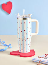 Next Cream and Blue Love Heart Print Stainless Steel Water Bottle with Straw 900ml- Buy online at McGrocer