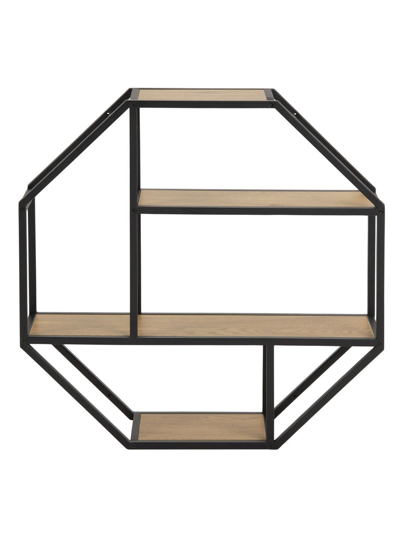 Actona octagonal wall shelf with black frame and oak shelves - British product