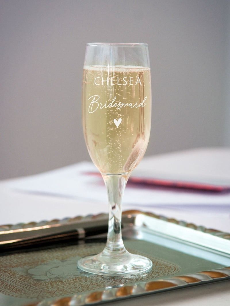 PMC personalised bridesmaid champagne flute glass, imported from the UK