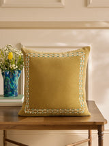 Next Nina Campbell Ochre Embroidered Border Cotton Velvet Cushion- Buy online at McGrocer