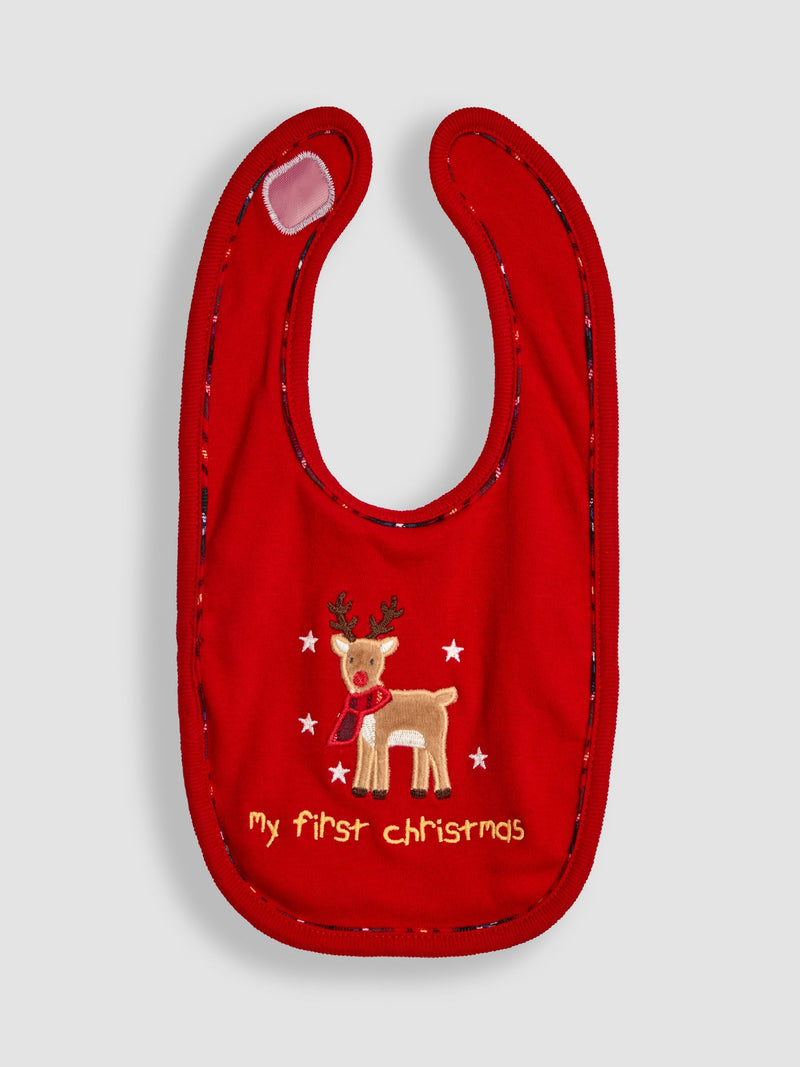 JoJo Maman Bébé red reindeer first Christmas bib (British brand)