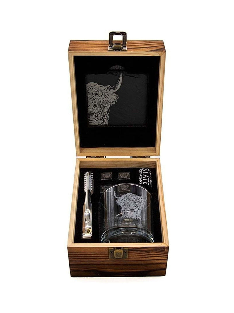 Selbrae House Grey Highland Cow whisky drinks set (British brand)