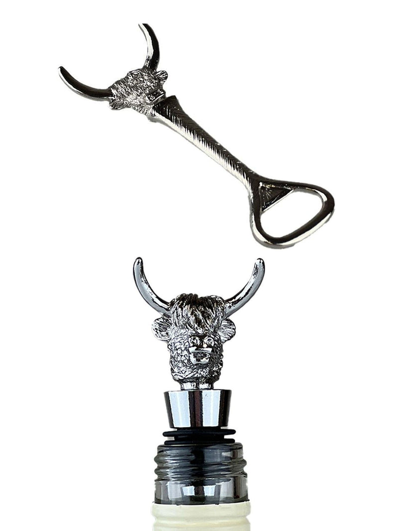 Selbrae House silver highland cow bottle opener and stopper set (British brand)
